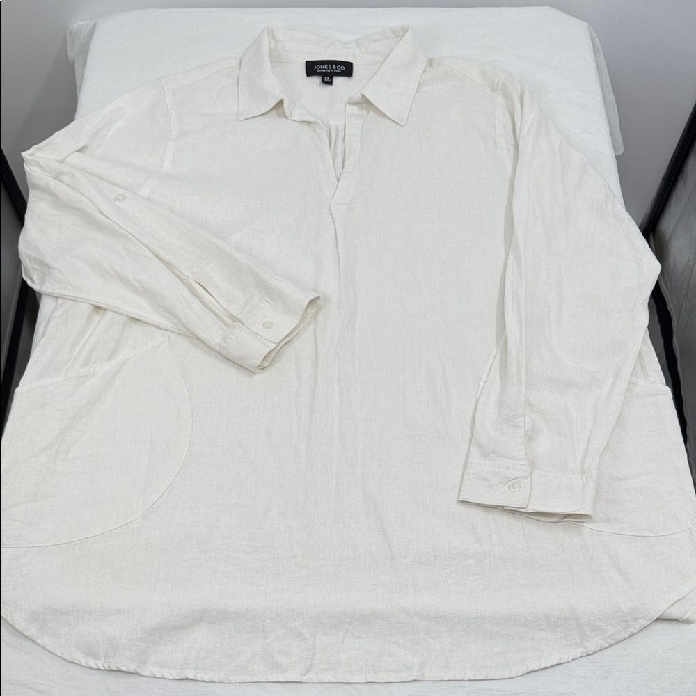 Jones & Co Tunic Wm 2X White Linen Blend Long Pullover Top V-Neck Natural Plus